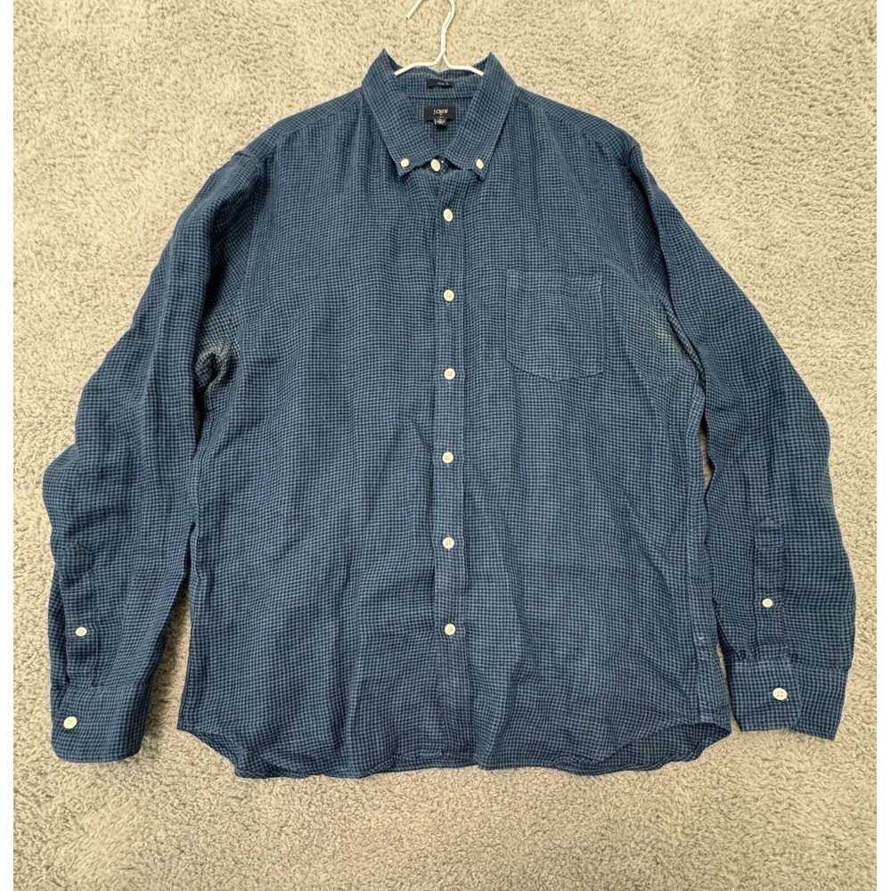 J Crew Mens XL Blue Slim Fit Button Down Linen Blend Shirt Long‎ Sleeve
